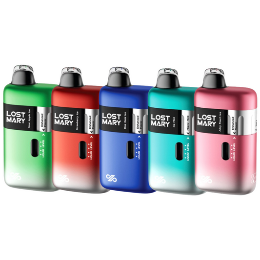 Five Lost Mary vape devices in different colors on a white background