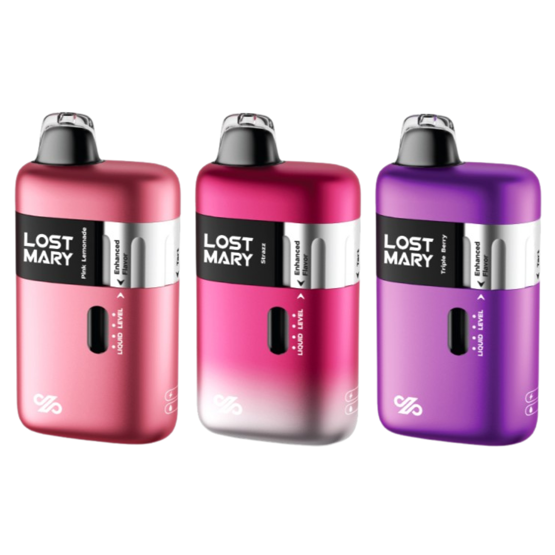 Three Lost Mary Ultrasonic vape devices in pink, red, and purple on a white background
