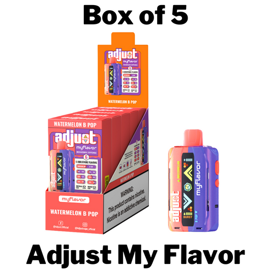 Adjust My Flavor disposable vape with 20mL pre-filled e-liquid, 5% nicotine strength, 6-level adjustable flavor for personalized taste, interactive screen for controls, and an 800mAh Type-C rechargeable battery, offering up to 40,000 puffs in Normal Mode. Available in customizable flavors like Blue Razz Ice, Mixed Mint, and Pineapple Ice Peach.