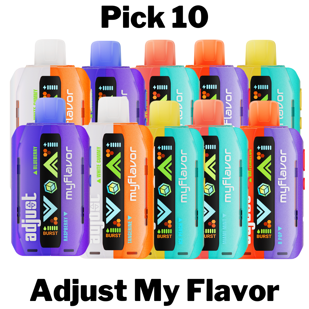 Adjust My Flavor disposable vape with 20mL pre-filled e-liquid, 5% nicotine strength, 6-level adjustable flavor for personalized taste, interactive screen for controls, and an 800mAh Type-C rechargeable battery, offering up to 40,000 puffs in Normal Mode. Available in customizable flavors like Blue Razz Ice, Mixed Mint, and Pineapple Ice Peach.