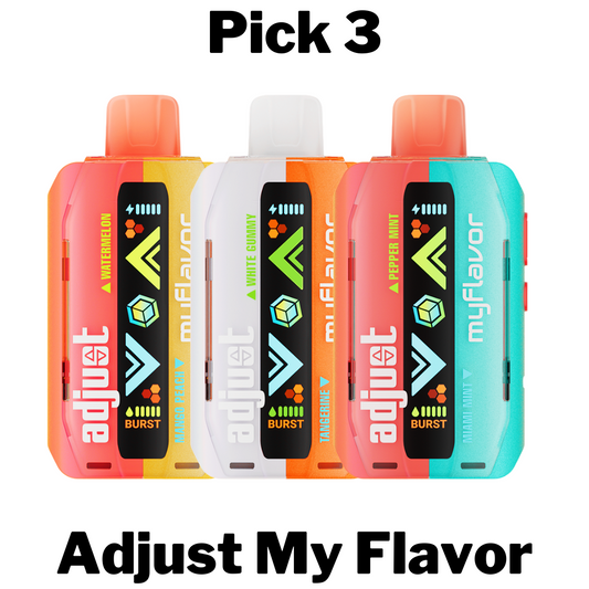 Adjust My Flavor disposable vape with 20mL pre-filled e-liquid, 5% nicotine strength, 6-level adjustable flavor for personalized taste, interactive screen for controls, and an 800mAh Type-C rechargeable battery, offering up to 40,000 puffs in Normal Mode. Available in customizable flavors like Blue Razz Ice, Mixed Mint, and Pineapple Ice Peach.