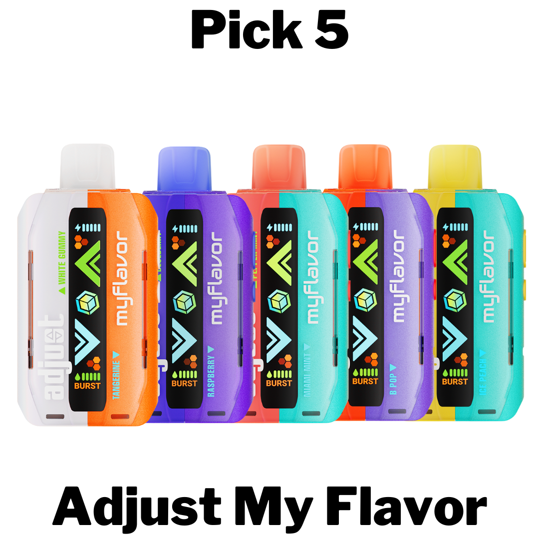 Adjust My Flavor disposable vape with 20mL pre-filled e-liquid, 5% nicotine strength, 6-level adjustable flavor for personalized taste, interactive screen for controls, and an 800mAh Type-C rechargeable battery, offering up to 40,000 puffs in Normal Mode. Available in customizable flavors like Blue Razz Ice, Mixed Mint, and Pineapple Ice Peach.