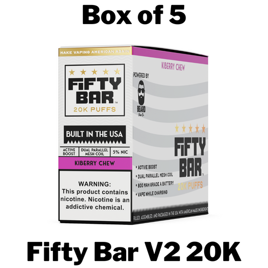 Fifty Bar V2 20K Disposable Vape Box of 5 a high-capacity vape offering up to 20,000 puffs. Compact and convenient, this vape provides long-lasting flavor and performance in a variety of dessert, cereal, and candy flavors.
