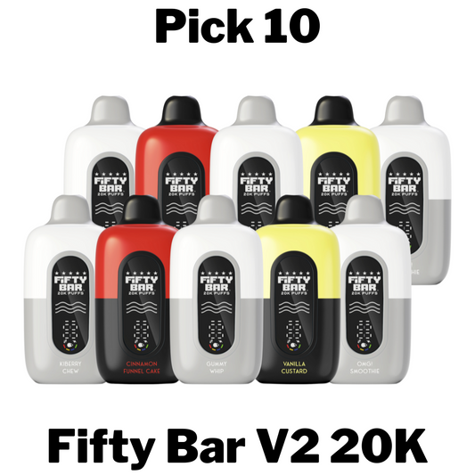 Fifty Bar V2 20K Disposable Vape Pick 10 a high-capacity vape offering up to 20,000 puffs. Compact and convenient, this vape provides long-lasting flavor and performance in a variety of dessert, cereal, and candy flavors.