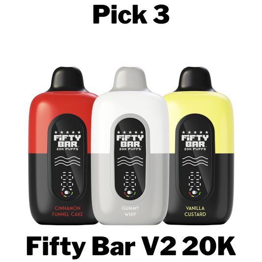 Fifty Bar V2 20K Disposable Vape Pick 3 lets you choose any three flavors crafted by Beard Vape Co., known for their delicious cereal, dessert, and candy-inspired e-liquids. Each device offers up to 20,000 puffs for long-lasting satisfaction.
