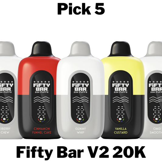 Fifty Bar V2 20K Disposable Vape Pick 5 lets you choose any five flavors crafted by Beard Vape Co., known for their delicious cereal, dessert, and candy-inspired e-liquids. Each vape offers up to 20,000 puffs for long-lasting satisfaction.