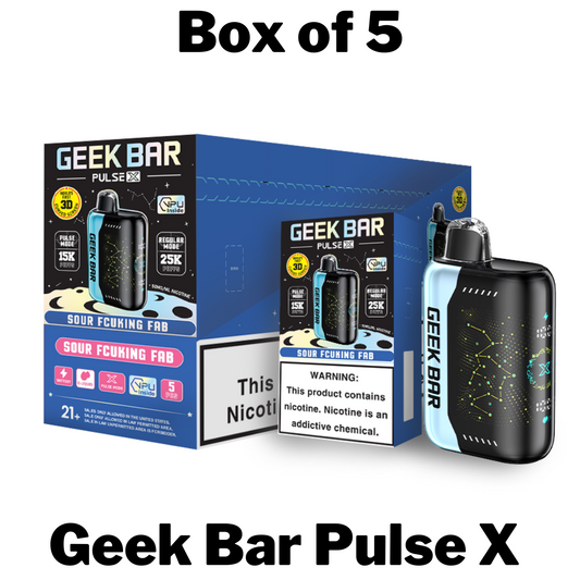 Geekbar Pulse X 25000 Disposable Vape Box of 5, featuring five devices each delivering up to 25,000 puffs, pre-filled with premium e-liquid, and equipped with a rechargeable battery for extended enjoyment. Ideal for bulk purchasing and offering a variety of rich flavors for discerning vapers.
