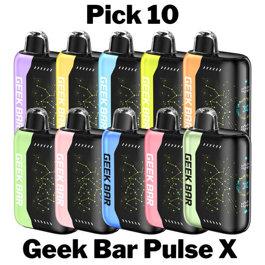 Geekbar Pulse X 25000 Disposable Vape Pick 10, allowing a personalized selection of 10 devices, each providing up to 25,000 puffs, pre-filled with premium e-liquid, and featuring a rechargeable battery for extended use. Perfect for sampling a diverse range of bold flavors in bulk.