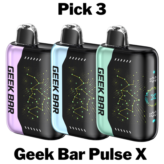 Geekbar Pulse X 25000 Disposable Vape Pick 3, offering a customizable selection of 3 devices, each delivering up to 25,000 puffs, pre-filled with high-quality e-liquid, and equipped with a rechargeable battery. Ideal for trying a variety of vibrant flavors.