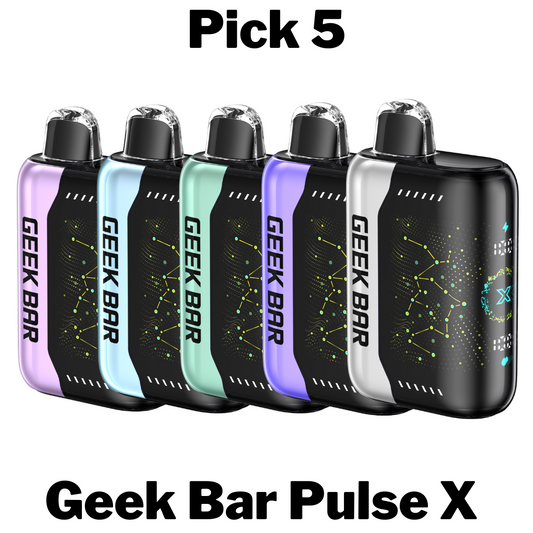 Geekbar Pulse X 25000 Disposable Vape Pick 5, allowing a personalized selection of 5 devices, each providing up to 25,000 puffs, pre-filled with premium e-liquid, and featuring a rechargeable battery for extended use. Perfect for mixing and matching a variety of bold flavors.
