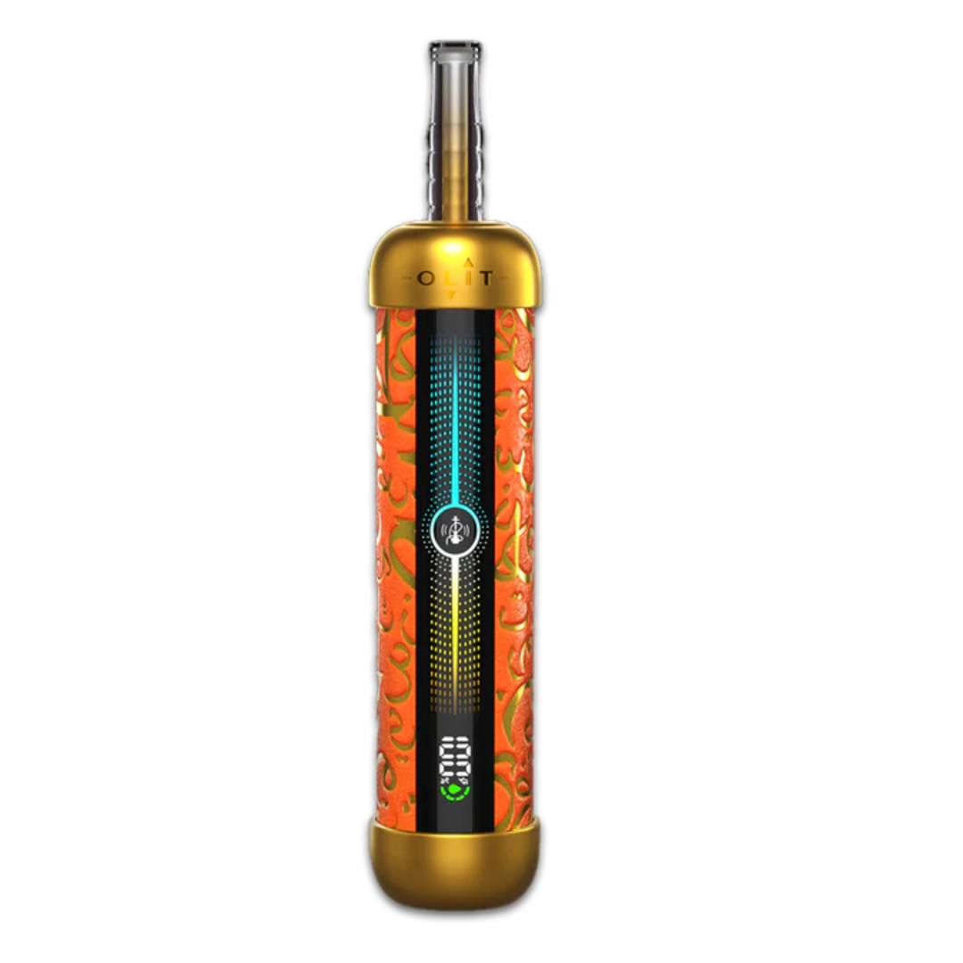 Close-up of OLIT HookaLit Pro 60K e-hookah showing LED screen and airflow adjustment