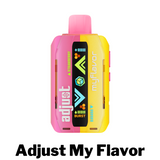 Adjust My Flavor disposable vape with 20mL pre-filled e-liquid, 5% nicotine strength, 6-level adjustable flavor for personalized taste, interactive screen for controls, and an 800mAh Type-C rechargeable battery, offering up to 40,000 puffs in Normal Mode. Available in customizable flavors like Blue Razz Ice, Mixed Mint, and Pineapple Ice Peach.