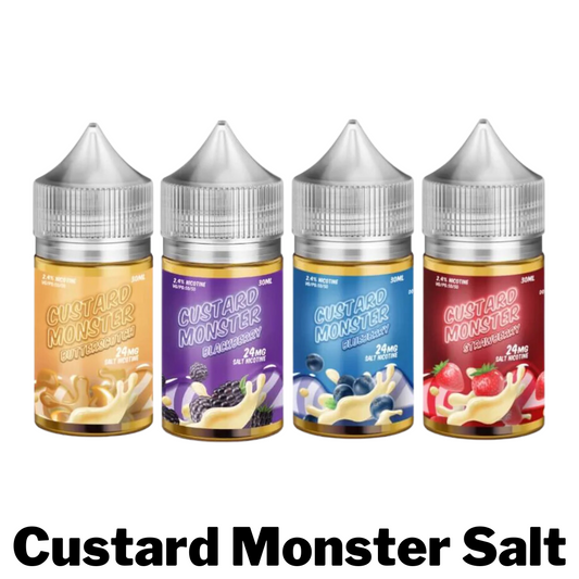 Custard Monster TFN Salts 30ml bottle featuring rich and creamy custard flavors, available in nicotine strengths of 24mg and 48mg, perfect for those seeking a smooth and satisfying vaping experience.