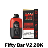 Fifty Bar V2 20K Disposable Vape, a high-capacity device offering up to 20,000 puffs. Compact and convenient, this vape provides long-lasting flavor and performance in a variety of dessert, cereal, and candy flavors.