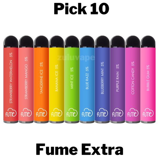 Fume Extra Disposable Vape Pick 10 lets you choose any ten flavors to create your own custom pack. Each device offers up to 1,500 puffs, delivering a premium vaping experience with a wide variety of flavor options.