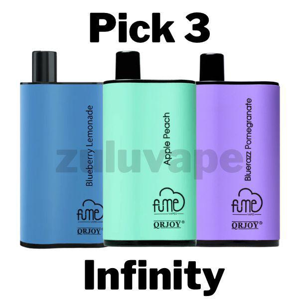 Fume Infinity Disposable Vape Pick 3, offering a personalized selection of 3 devices, each delivering 3,500 puffs, pre-filled with premium e-liquid, and equipped with a long-lasting battery. Ideal for sampling a variety of flavors.