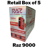 GeekVape Raz TN9000 Disposable Vape Box of 5, featuring five devices, each providing up to 9,000 puffs, pre-filled with premium e-liquid, and equipped with a rechargeable battery for prolonged use. Ideal for bulk purchasing, this box offers a variety of flavorful options to meet the needs of discerning vapers.