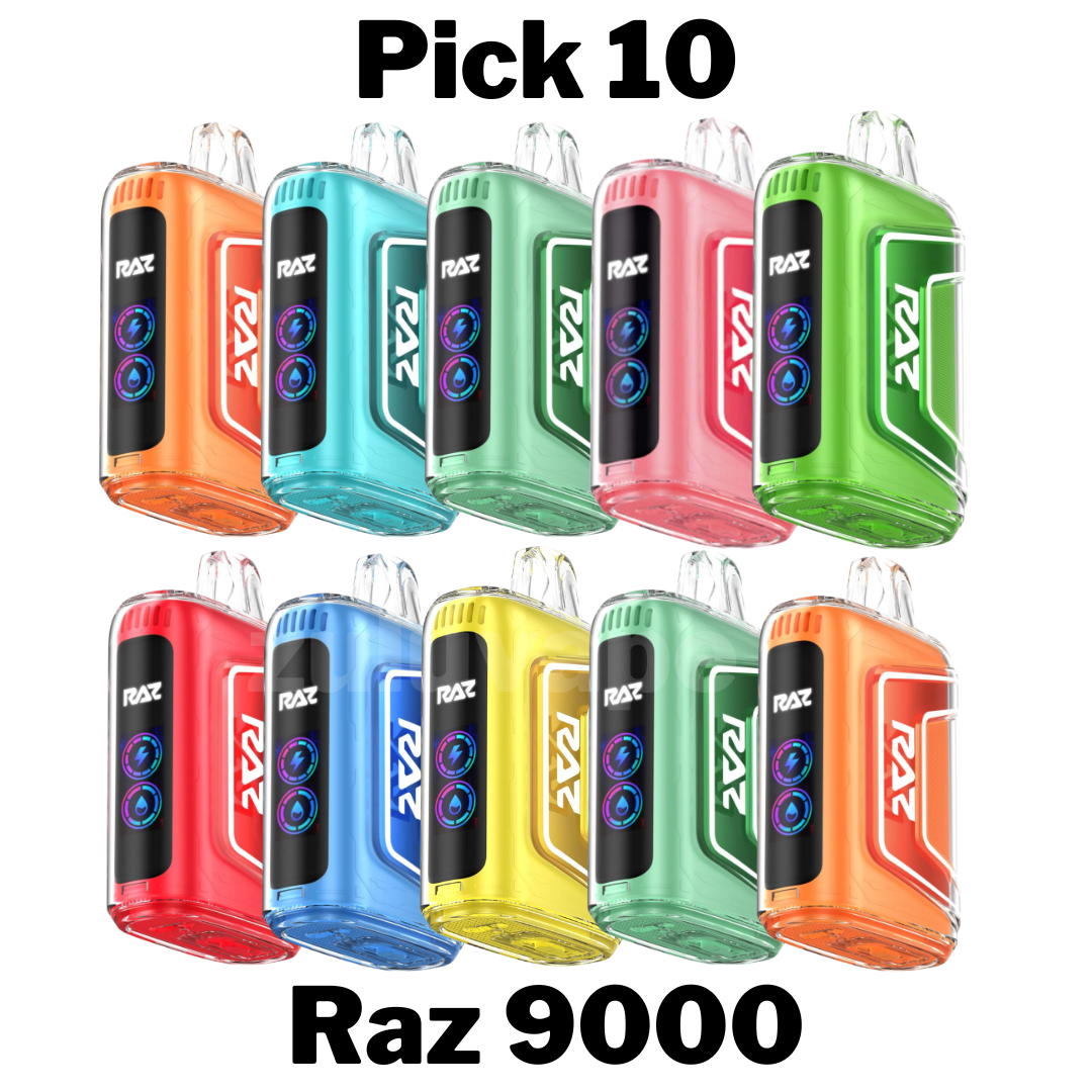 GeekVape Raz TN9000 Disposable Vape Pick 10, allowing a personalized selection of 10 devices, each delivering up to 9,000 puffs, pre-filled with high-quality e-liquid, and featuring a rechargeable battery for extended enjoyment. Perfect for sampling a diverse range of delicious flavors in bulk.