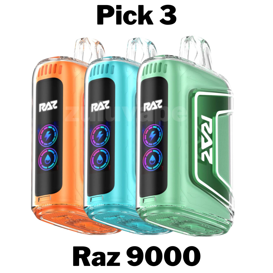 GeekVape Raz TN9000 Disposable Vape Pick 3, offering a customizable selection of 3 devices, each providing up to 9,000 puffs, pre-filled with premium e-liquid, and equipped with a rechargeable battery. Ideal for trying a variety of rich flavors while enjoying the convenience of disposable vaping.