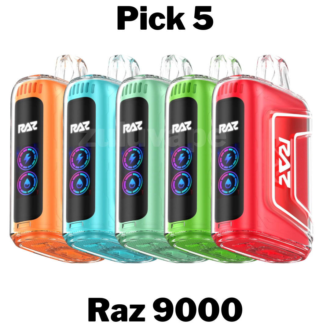 GeekVape Raz TN9000 Disposable Vape Pick 5, featuring a customizable selection of 5 devices, each delivering up to 9,000 puffs, pre-filled with high-quality e-liquid, and equipped with a rechargeable battery for prolonged enjoyment. Ideal for exploring a range of delicious flavors while enjoying the convenience of disposable vaping.