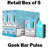 Geekbar Pulse 15000 Disposable Vape Box of 5, offering five devices with up to 15,000 puffs each, pre-filled with high-quality e-liquid, and featuring a rechargeable battery for prolonged use. Ideal for bulk purchasing and enjoying a variety of vibrant flavors.