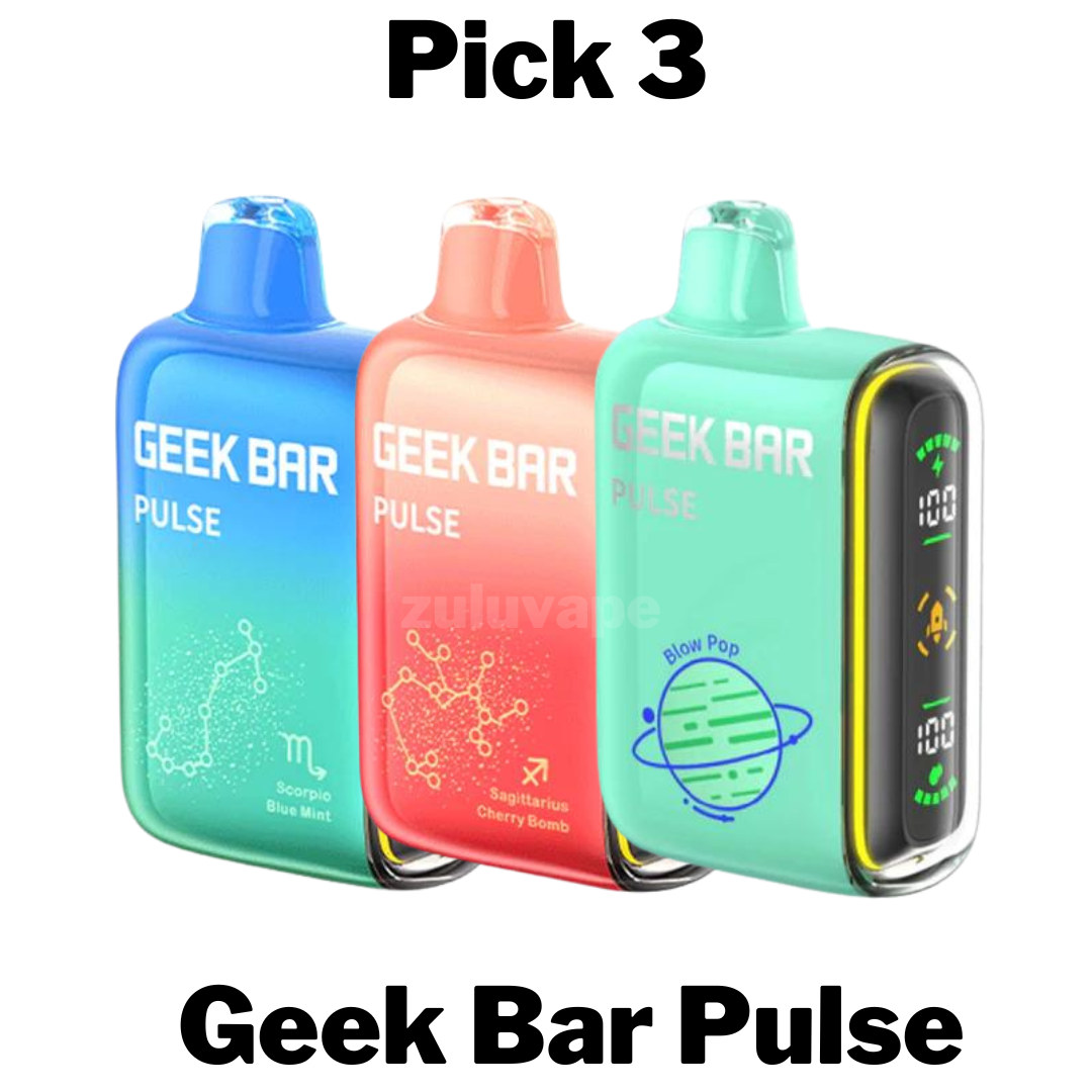 Geekbar Pulse 15000 Disposable Vape Pick 3, offering a personalized selection of 3 devices, each providing up to 15,000 puffs with premium e-liquid and a rechargeable battery. Ideal for trying a variety of popular flavors.