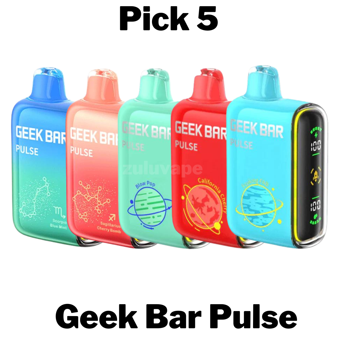 Geekbar Pulse 15000 Disposable Vape Pick 5, allowing a customized selection of 5 devices, each with up to 15,000 puffs, premium e-liquid, and a rechargeable battery. Perfect for mixing and matching top flavors in bulk.