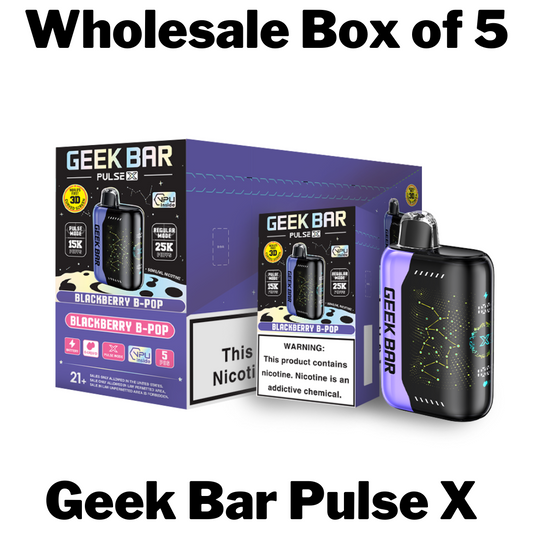 Geekbar Pulse X 25000 Disposable Vape Wholesale Box of 5, designed for retailers, featuring five devices that deliver up to 25,000 puffs each, pre-filled with premium e-liquid, and equipped with a rechargeable battery for long-lasting use. Ideal for wholesale buyers seeking to stock a diverse range of popular flavors.