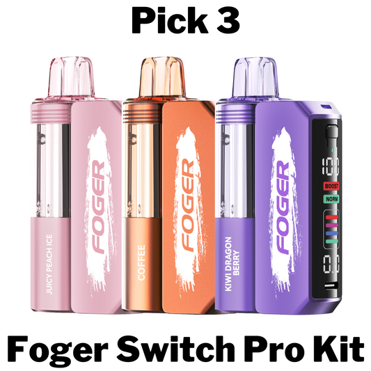 Pick 3 Foger Switch Pro Kits – Bundle of three reusable vape kits with dual-mode power and sleek design