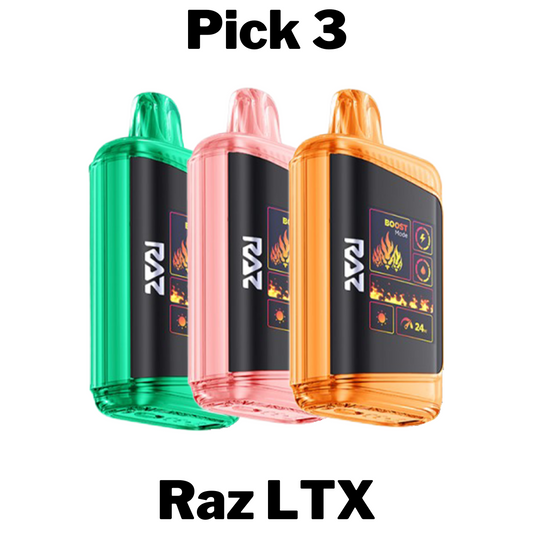 Pick 3 Raz LTX disposable vapes. 25000 puffs in over 40 great flavors
